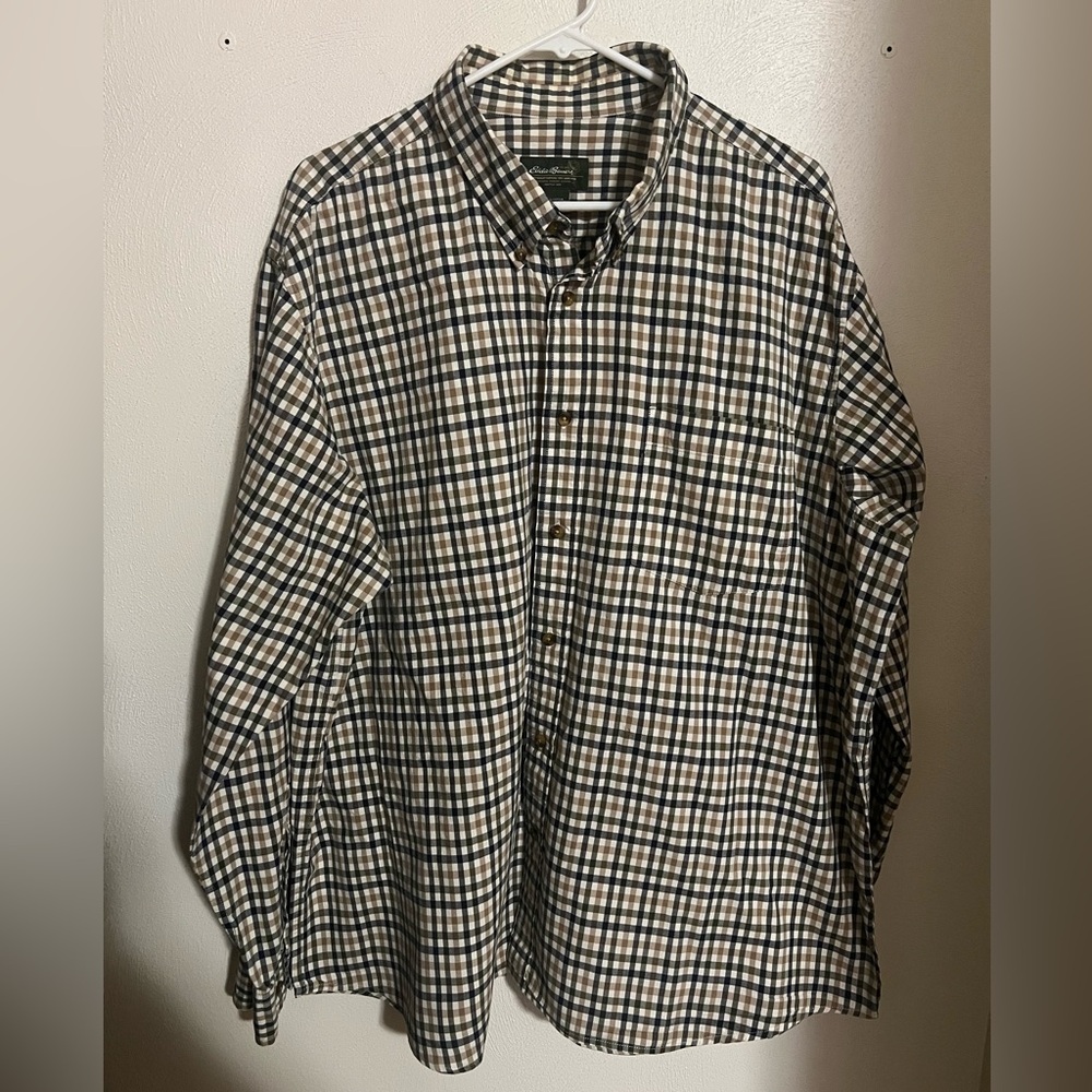 EDDIE BAUER Classic 100% Cotton Plaid Casual Button‎ Down Shirt Green Tan Sz 2XL